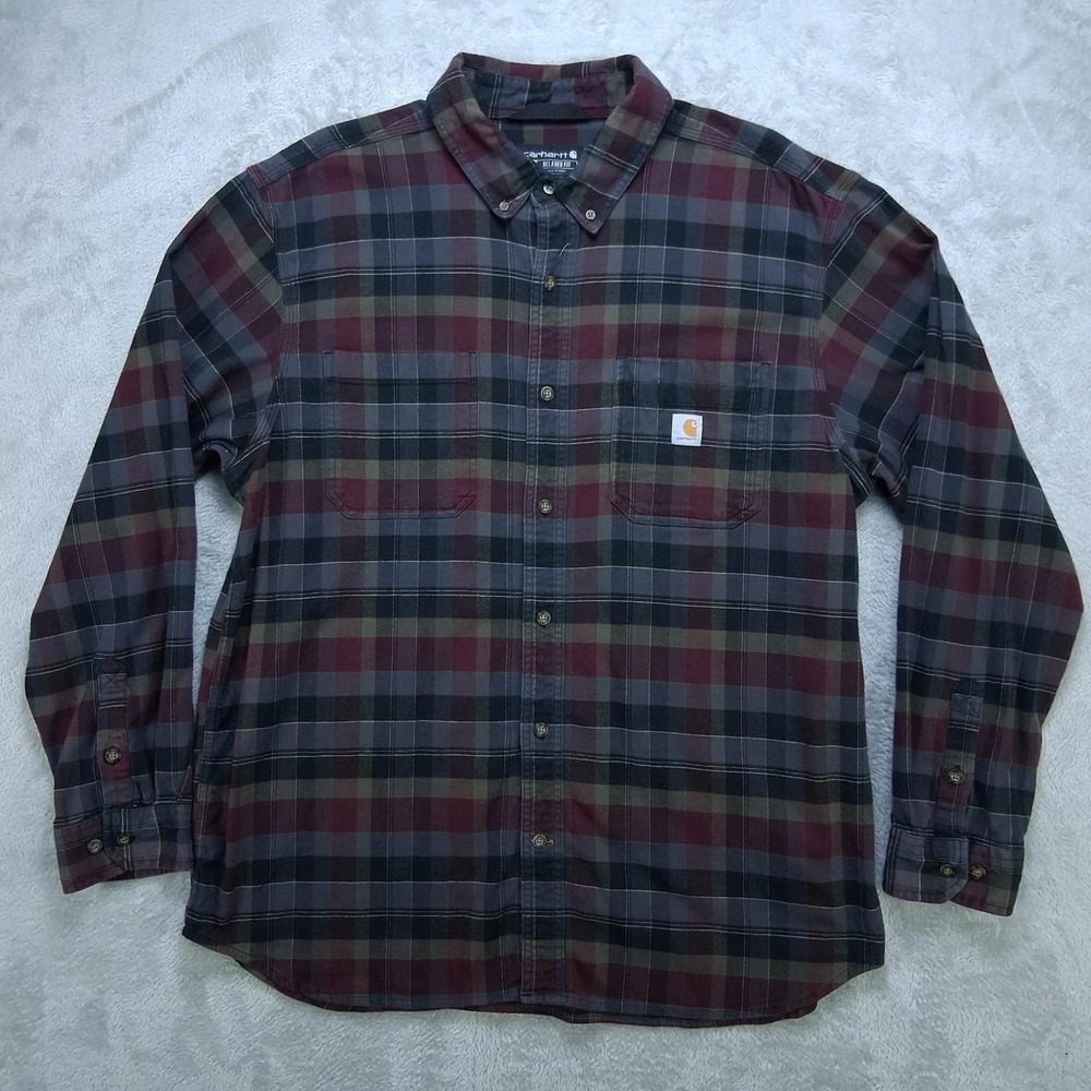 Carhartt Mens XL Relaxed Fit Plaid Button Down Workwear Shirt Burgundy